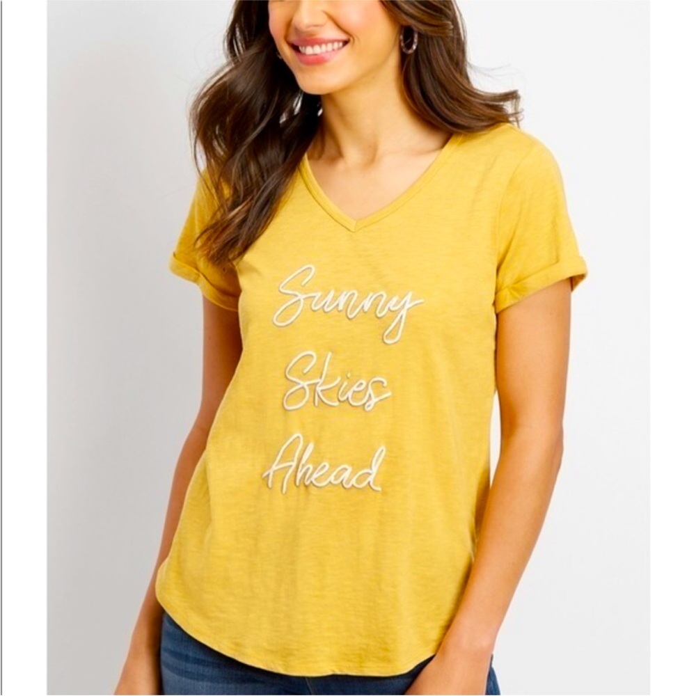 Maurices Sunny Skies Ahead Graphic Rolled Short Sleeve Tee Mustard Yellow